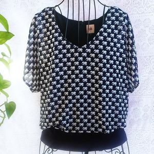 CAbi Elephant Print Navy and White Short Sleeve Layered Top